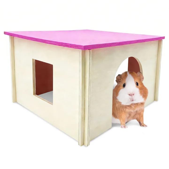 Fhiny Guinea Pig Wood House with Windows and Roof, Detachable Chinchilla Hut Hideout Hideaway Natural Hamster Habitat Decor for Hamsters Hedgehogs Squirrels or Other Small Animals (Random Color)