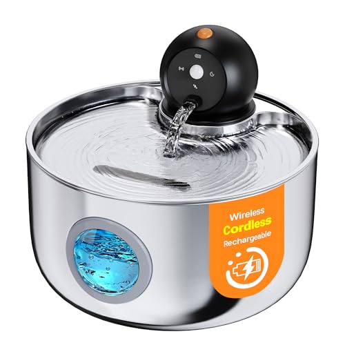 Wireless Cat Water Fountain Cordless: Battery Operated Cat Fountains | 88oz/2.6L Stainless Steel Pet Water Fountain for Drinking with Motion Sensor Rechargeable Automatic Water Dispenser Indoor