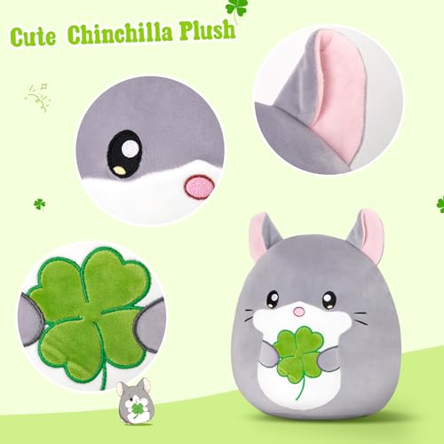 13-Inch Chinchilla Plush Pillow with Four-Leaf Clover, Ultrasoft Grey Chinchilla Stuffed Animal Toy Hugging Throw Toy Gifts for Bedding, Kids Sleeping Kawaii Pillow - color: Chinchilla