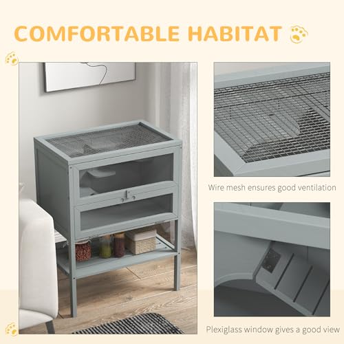 PawHut 3-Tier Wooden Hamster Cage Mice and Rat Cage Gray | Small Animals Hutch, Openable Top, Storage Shelf - color: Gray
