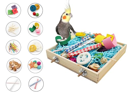 Jinkoozz Bird Foraging Toys Box, Wooden Parrot Shredding Toys Box, Bird Chewing Toys, Birdcage Accessories, Suitable for Small Birds Parakeets Cockatiels Love Birds Conures