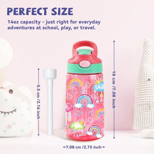 Kids Plastic Water Bottle - Rainbow Water Bottle for Kids, 14oz Plastic Water Bottles with Straw Lid, Leakproof BPA-Free Rainbow Water Bottles for Home Sports Travel, Pop-Up Straw Cover, Pink - color: Rainbow