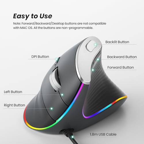 Nulea Ergonomic Vertical Mouse Wired with 11 RGB Backlight and 6 Buttons | USB Optical Mouse with 4 Adjustable DPI, Plug and Play Design for Laptop, PC, Mac,Desktop, Office Use - color: A-Grey