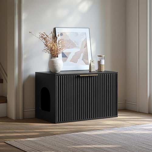 Evermagin 31.5" Cat Litter Box Enclosure Furniture | Black Hidden Litter Box Cabinet, Modern Indoor Cat House, Fluted Kitty End Table for Living Room, Bedroom, Entryway - color: Black