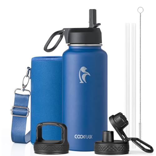 Coolflask 32 oz Water Bottle Insulated with Straw & 3 Leakproof Lids | Water Flask Stainless Steel Triple-Wall Vacuum,Cold 48+h, Dishwasher Safe,Wide Mouth,BPA-Free,Carrier Bag,for Gym,Hiking - color: King's Blue, size: 32 Ounces