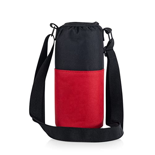 Picnic TIME Disney Mickey Mouse Bottle Cooler Tote with Included 24 oz Bottle, Insulated Water Bottle Carrier with Adjustable Shoulder Strap for Travel Picnic Theme Parks, (Black with Red Pattern)