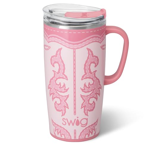 Swig Life 22oz Insulated Travel Mug with Handle & Lid, Boot Scootin' Pink | Triple Insulated Stainless Steel - Handle & Lid Included - Keeps Coffee Hot or Cold - Cup Holder Friendly - color: Boot Scootin' Pink, size: 22 Ounces