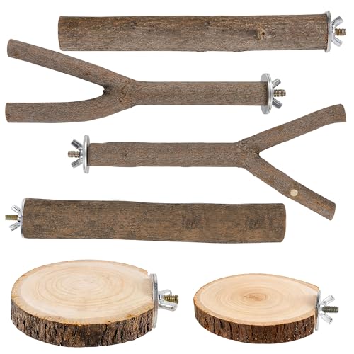 6 PCS Bird Perch Set | Natural Birch Wood, Straight & Forked Perches with Platforms, For Parakeets, Cockatiels, Conures, Lovebirds, Cage Accessories