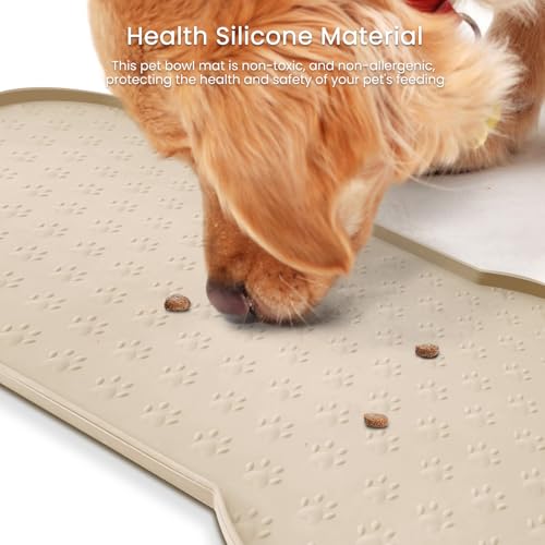 PWTAA Dog Food Mat Anti-Slip Silicone Dog Bowl Mat Thicker Pet Placemat Waterproof Cat Feeder Pad with Raised Edge Puppy Kitten Feeding Mats Suitable Small Medium-Sized Dogs Cats Eating Tray - color: Beige, size: 19.4" x 9.8"