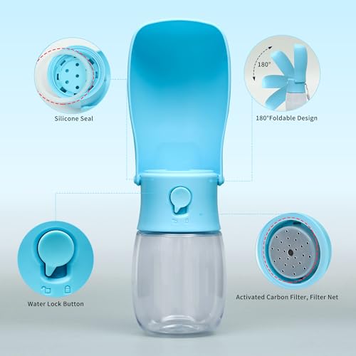 Portable Dog Water Bottle 10oz Blue | Foldable pet water dispenser, food grade plastic, ease to use for outdoor walking, hiking, travel - color: Transparent Blue, size: 10OZ