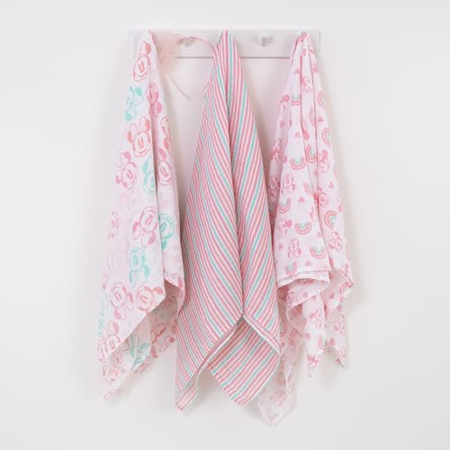 NoJo Disney 3 Piece Muslin Swaddle Set Minnie Mouse Blankets 44x44 Inches, Soft 100% Cotton Muslin Wonderful Baby Gift - color: Minnie Mouse Pink, Aqua, and White