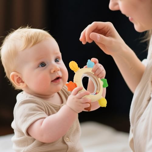Baby Teething Rings Toys for 0-6 6-12 Months Animal Rattle Teether Toy | Sensory Toys for Babies 0-24Months Silicone Teether Relief Chew Soothing Sore Gums for Newborn Infant Essentials BPA Free