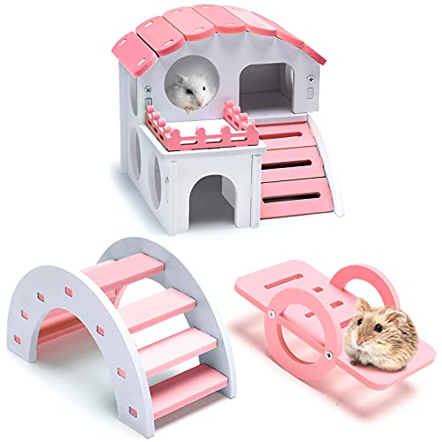 3 Pieces Fun Hamster Guinea Pig Hideout Kit Include PVC Hamster House, Rainbow Bridge, Seesaw DIY Exercise Playhouse for Rats Mouse Small Animals(Small,Pink) - color: Pink, size: Small