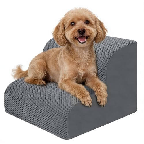 Dog Stairs for Small Dogs, 2-Steps Dog Ramp for Couch, Pet Stairs with Highly Supportive Foam and Non-Slip Bottom, Pet Steps for Cat & Doggie (High 11.8Inch)