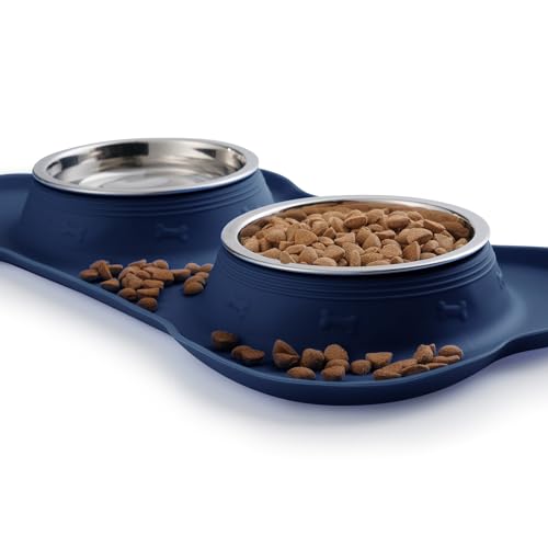 Hubulk Pet Dog Bowls 2 Stainless Steel Dog Bowl with No Spill Non-Skid Silicone Mat + Pet Food Scoop Water and Food Feeder Bowls for Feeding Small Medium Large Dogs Cats Puppies (Medium, Navy Blue) - color: Navy Blue, size: Medium