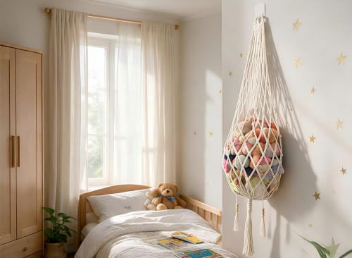 Stuffed Animal Hammock with Hooks, 5 FT Boho Macrame Hanging Toy Storage Net, Cotton Plush Toy Organizer for Wall or Door, Nursery, Kids Playroom, Includes Wall & Adhesive Hook & Star Stickers, Cream