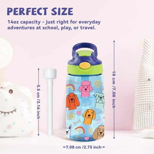 Kids Plastic Water Bottle - Cartoon Dogs Water Bottle for Kids, 14oz Plastic Water Bottles with Straw Lid, Leakproof BPA-Free Dogs Water Bottles for Home Sports Travel, Pop-Up Straw Cover, Blue - color: Dog