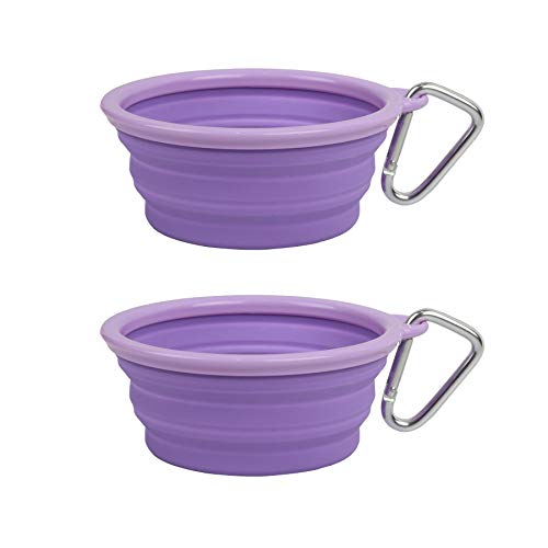 Collapsible Silicone Water Travel Bowl with Clip for Dog and Cat, Portable and Durable Pop-up Feeder for Convenient On-The-go Feeding – Size: Small (1.5 Cups) Purple – 2 Pack - color: PURPLE, size: SMALL (1.5 CUPS) - 2 PACK
