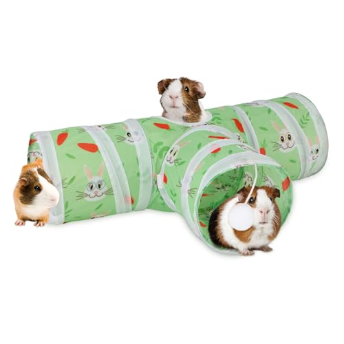 Rypet Guinea Pig Tunnel Hideout 3-Way Collapsible Small Pet Tubes, Green | 3 Way Design for Exploration, Collapsible for Easy Storage, Built-in Play Ball, Hiding & Resting for Hamsters Ferrets - color: Green