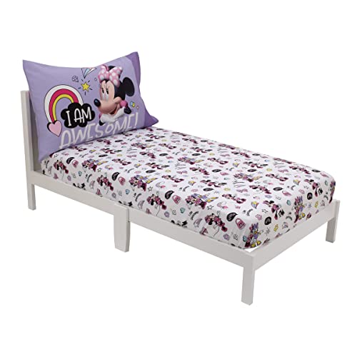Disney Minnie Mouse I am Awesome Lavender, Pink, and White with BFF Daisy Duck, Rainbow Hearts and Stars 2 Piece Toddler Sheet Set - Fitted Bottom Sheet and Reversible Pillowcase - color: Minnie Mouse I Am Awesome