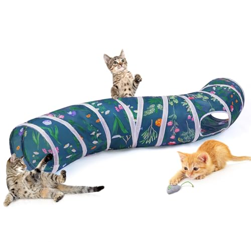 Glittme S-Shape Cat Tunnel, Foldable Cat Tunnels for Indoor Cats | Interactive Bunny Tunnel And Cat Tubes With Crinkle Sounds. Ideal For Kittens, Ferrets And Small Pets To Hide, Play Or Rest - color: Green flower branches