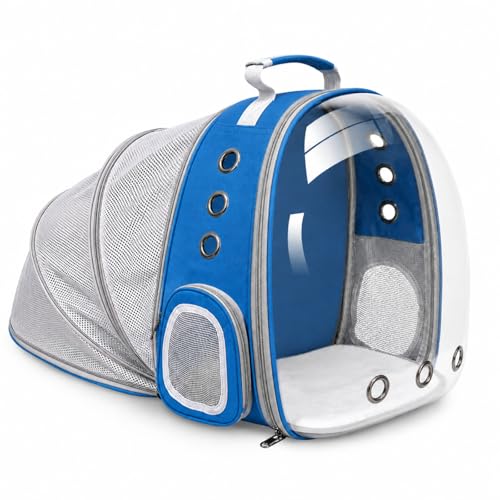 Expandable Cat Carrier Backpack with Bubble Window, Blue | Breathable mesh, anti-collapse frame, side door, safety leash and escape-resistant zippers for vet visits and outdoor travel. - color: Blue