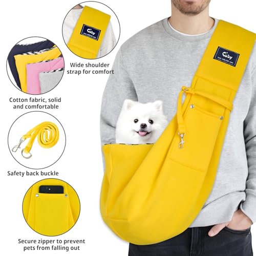 Dog and Cat Sling Carrier - Hands Free Reversible Pet Papoose Bag - Soft Pouch and Tote Design - Suitable for Puppy, Small Dogs Cats Outdoor - color: Yellow