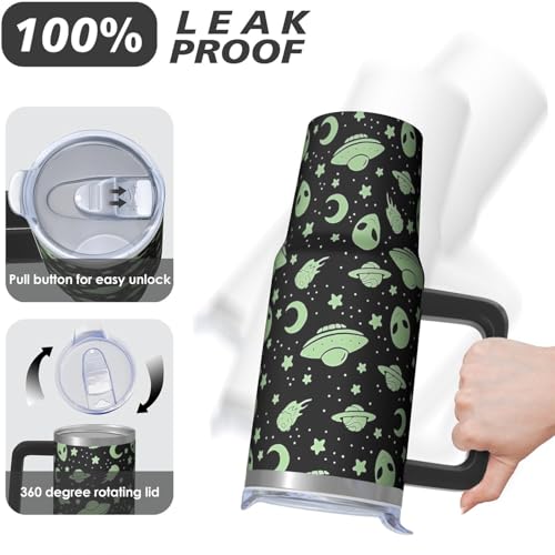 30oz Alien Stainless Steel Tumbler with Handle and Straw, Ufo Lover Insulated Cup Travel Coffee Mug Water Bottle with Lid and Straw, Women Gifts - color: Alien