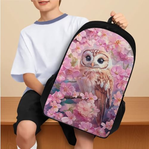 Pink Cherry Owl 2Nd Grade Backpack for Boys Girls Bookbag with Lunch Box Water Bottle Sleeves and Lightweight Pencil Case 4 in 1 School Bag with Compartment Back Packs for Daily Life - color: Pink Cherry Owl
