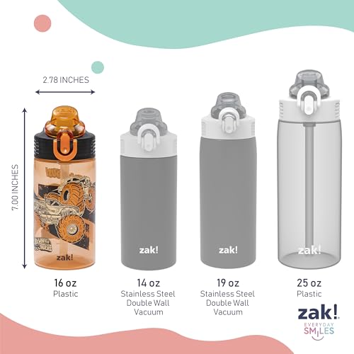 Zak Designs Hot Wheels Sage 16oz Leak-Proof Straw Kids Water Bottle, 2-Pack | BPA Free Durable Plastic, Cupholder Friendly, Dishwasher Safe, Easy to Clean, Lid Lock, Handle, For School, Home, Travel - color: Hot Wheels (Monster Trucks)