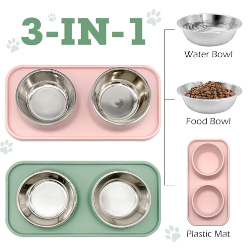 BNOSDM 2 Pcs Double Dog Food Bowls, Stainless Steel Small Dog Food and Water Bowls with Non-Spill Plastic Mat, Pet Cat Feeder Dish Set for Puppy Cats Kitten, Pink and Green - color: Pink+Green