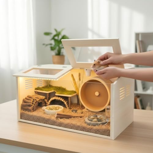 Wooden Hamster Cage Chewproof, Large Hamster Cages and Habitats, Small Animal Habitat with with Double Openable Acrylic Sheet Doors for Gerbil, Degus Mice, Guinea Pig, Rat& Other Small Pets（32in）