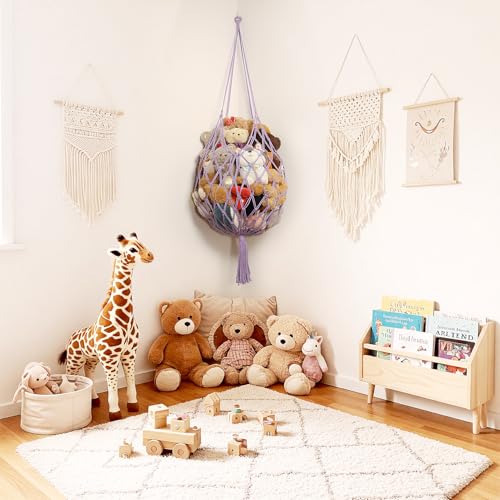 Stuffed Animal Storage Hammock Corner Hanging Net Stuffy Animal Hammock Macrame Toy Display Plush Toy Holder for Kid Bedroom Decor Boho Nursery Playroom Organizer (Purple) - color: Purple