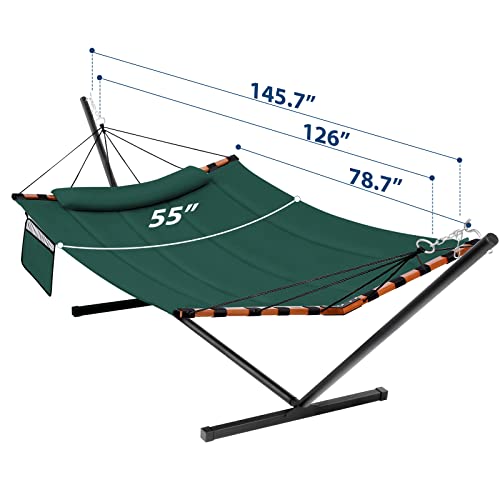 TegerDeger 12FT 2 Person Hammock with Stand Included 55 x 79IN Large Hammock 450LB Capacity with Hardwood Spreader Bar & Nylon Rope for Outside, Patio, Garden, Backyard, Beach, Poolside - Dark Green - color: Dark Green