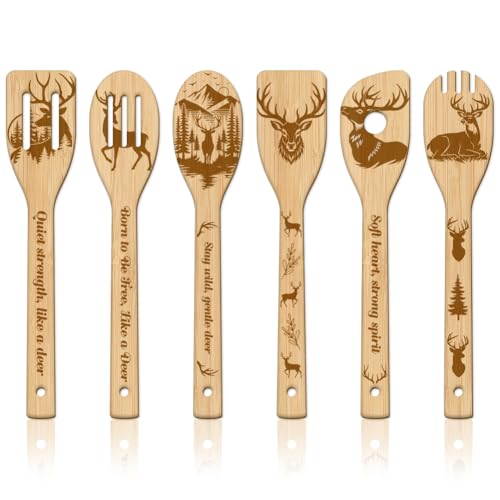 GLOBLELAND 6 Pcs Deer Wooden Spoons Utensil Set Forest Deer Bamboo Carving Kitchen Cooking Utensils Wooden Engraved Cooking Spatula Sets for Kitchen Fun House Warming Gift - color: Deer