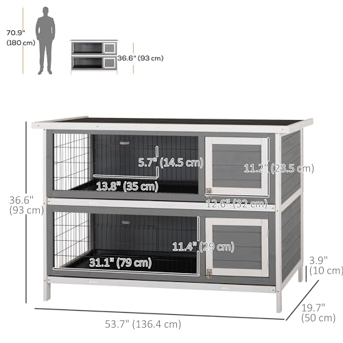 PawHut 54" 2-Story Large Rabbit Hutch Bunny Cage Wooden Pet House Small Animal Habitat with Lockable Doors, No Leak Tray and Waterproof Roof for Outdoor/Indoor Dark Grey | Wooden Pet House, Small Animal Habitat, No Leak Tray, Waterproof Roof, for Chickens