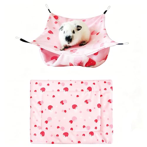 SEIS 2PCS Cooling Small Pet Hammock & Mat Set, Ice Silk Summer Cage Hanging Bed for Guinea Pig Hamster Chinchilla Rabbit, Cute Strawberry Lemon Print Breathable Pet Rest Bed (Pink) - color: Pink