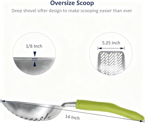 Cat Litter Scoop, Aluminum Alloy Sifter, Kitty Metal Scooper, Deep Shovel with Diagonal Sifting Hole, Long Handle, Kitten Poop Lifter for Litter Box, Large Size, Green Handle - color: #03 Green, size: Large