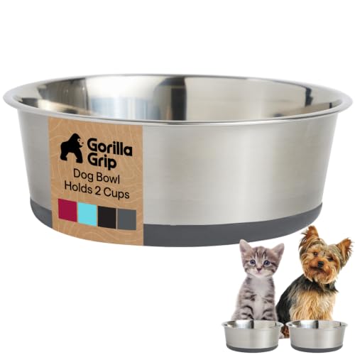 GORILLA GRIP Dog Bowl, Holds 2 Cups (16 fl oz), Food Grade 304 Stainless Steel Food and Water Bowl for Feeding Dogs and Cats, BPA Free Rubber Base, Easy Clean, Dishwasher Safe, Rust Resistant, Gray - color: Gray, size: 2 Cup (16 Oz)