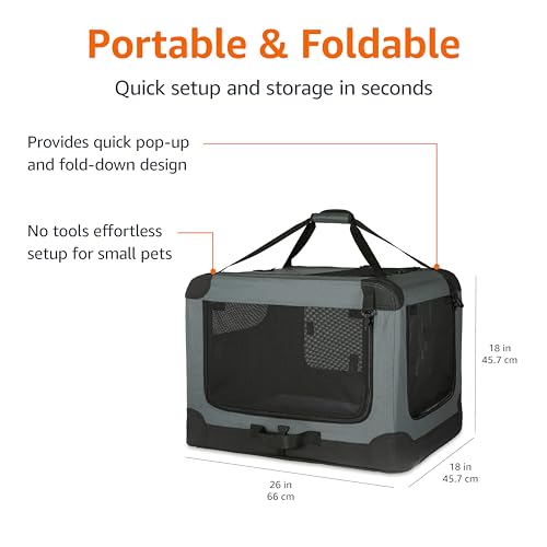 Amazon Basics Portable Folding Soft Dog Crate, 4-Doors, Collapsible Travel Kennel for Cat, Dog, and Small Animals, Quick Setup, Small 26" x 18" x 18", Grey - color: Grey, size: 26.0"L x 18.0"W x 18.0"H