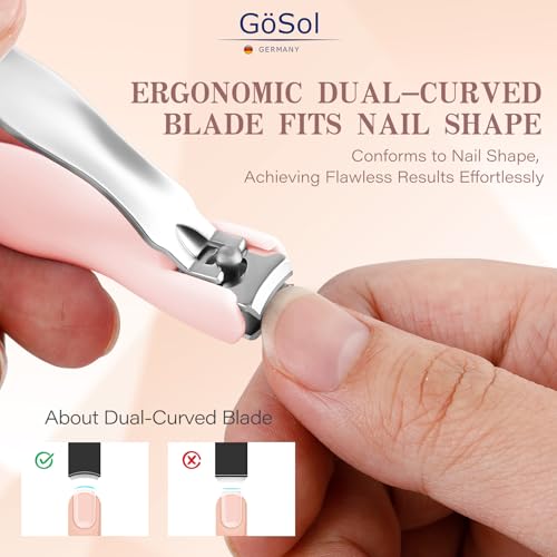 Nail Clippers Anti Splash, Sharp Curved Blades, Detachable Easy Clean Base | Premium Carbon Steel Manicure Tools with Catcher, Ergonomic Anti-Slip Soft Rubber Handle for Precise Trimming - color: Light Pink