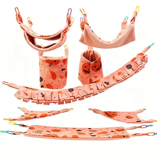 8 Pcs Sugar Glider Cage Set, Small Animal Fleece Hammock Set, Hanging Bed, Climbing Bridge and Toys for Sugar Gliders, Fancy Rats, Squirrels,Ferrets,Orange7126-3 - color: Orange