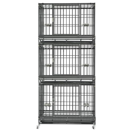 Homey Pet Three Tier 37" Heavy Duty Stackable Dog Crate with Wheels | Metal Cage for Dogs with Escape proof Locks, Tray, Bowl, Open Top, for Small and Medium Dogs, Breeders and Multi-dog Homes - size: 37.0"L - 3 Tiers - 1P