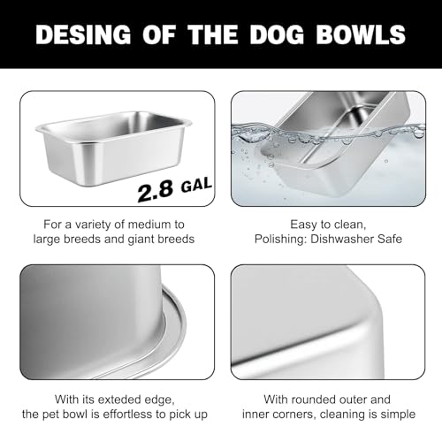 2.8 Gallon Elevated Large Dog Water Bowl, 4 Adjustable Height 10.5-15.8'' Raised Stainless Steel Bowl Stand with Anti-Slip Mat for Large Breed, Metal Dog Feeding Station for Relief Joint Pressure - size: 2.8 gallon