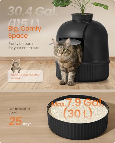 Feandrea Plant Cat Litter Box Enclosure with Artificial Plant, Enclosed Hidden Litter Box Furniture with Door, Carbon Filter, Odor Control, Pebbles, Scoop, Brush, Ink Black UPPT006B101 - color: Ink Black