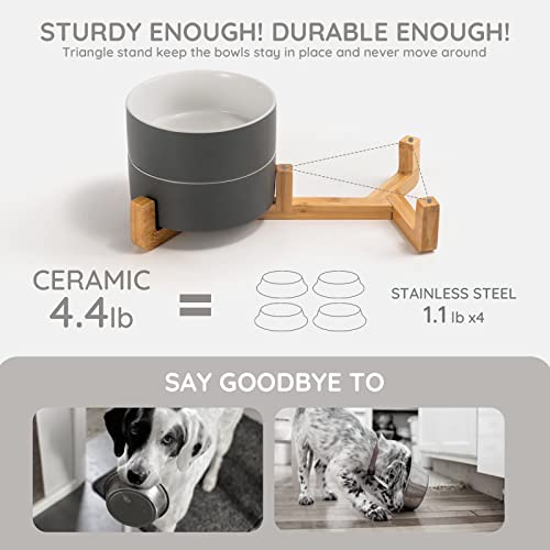 SPUNKYJUNKY Ceramic Dog and Cat Bowl Set with Wooden Stand, Modern Cute Weighted Food Water Set for Small Size Dogs (13.5OZ) & Medium Sized Dogs (28.7OZ) & Cats (3.6 Cups, 2 × White-Grey) - color: White-Grey × 2, size: 3.6 cups