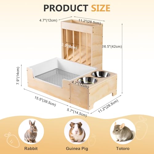 Extra-Large 3 in 1 Rabbit Litter Box with Hay Feeder and Bowls Set, Wood, Mess Proof, for Guinea Pigs, Chinchillas, Hamsters, and Rabbits