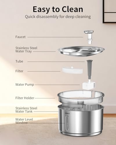 NPET Stainless Steel Cat Water Fountain, 1Gallon/135oz Automatic Pet Drinking Fountain Dog Water Dispenser Bowl with Water Level Window for Cats Indoor - WF210Plus