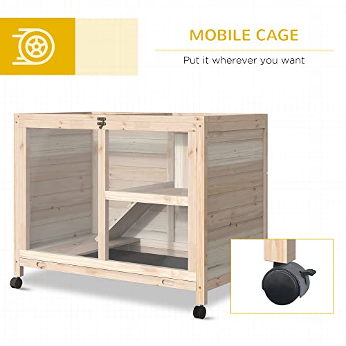 PawHut Rabbit Hutch with Wheels, Desk and Side Table Sized, Wooden Rabbit Cage, Waterproof Small Bunny Cage with Removable Tray, Openable Roof, for Indoor & Outdoor, Natural | Wooden Rabbit Cage, Waterproof Small Bunny Cage, Removable Tray, Openable Roof,