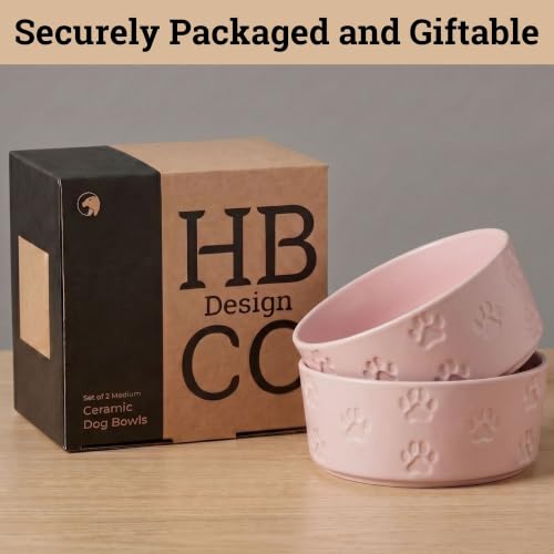 Ceramic Dog Bowl Set of 2 w/ Anti-Skid Base 6.5"W x 2.5"H, 3.8 Cup Capacity | Thick Ceramic, Dishwasher Safe, Anti-Skid Rubber Base, 3.8 Cups per Bowl, Ceramic Food & Water Bowls Set of 2 for Medium Dogs - color: Blush Pink, size: Medium